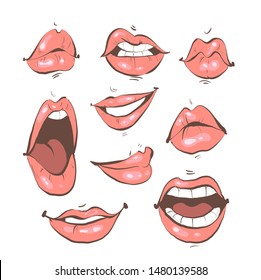 Lips collection set showing different emotions. Hand drawn mouth vector illustration