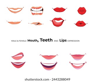 lips collection Vector illustration of sexy woman's lips expressing different emotions, such as smile, kiss, half-open mouth, biting lip, lip licking, tongue out Isolated on white background