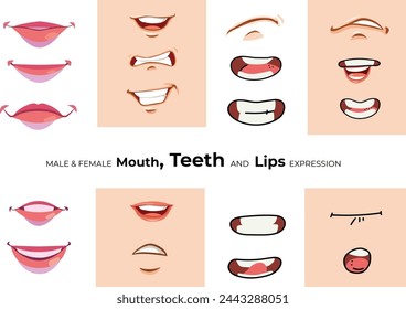lips collection Vector illustration of sexy woman's lips expressing different emotions, such as smile, kiss, half-open mouth, biting lip, lip licking, tongue out Isolated on white background