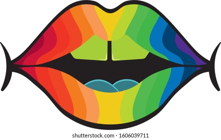 Lips Colored By Rainbow Colors. Funny Colored Mouth Vector Illustration