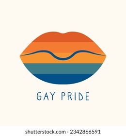 Lips in colors of LGBTQ community symbols. Pride month sticker. LGBT flat style icon. Gay parade groovy celebration. 