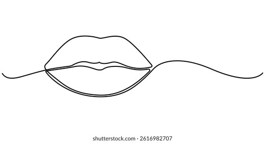  Lips continuous one line drawing. Woman lips logo on white background, Concept symbol of makeup and lipstick in simple linear style. Vector illustration.