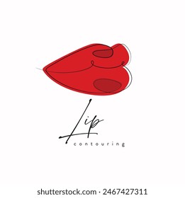 Lips with contouring drawing in linear style with red on white background