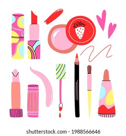 Lips cosmetic. Cartoon hand drawn lipstick and gloss, pencil and brush. Bright abstract container tube and packaging, glamour female makeup beauty collection. Doodle isolated vector set