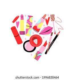 Se levanta cosmético. Lápiz y pincel dibujados a mano en forma de corazón. Envase y tubo de contenedor abstracto brillante, fondo de belleza de maquillaje femenino glamuroso, conjunto de vectores aislados de doodle