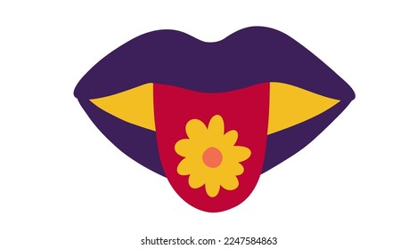 Se levanta con margarita en la lengua. Ilustración vectorial en el estilo 1970.