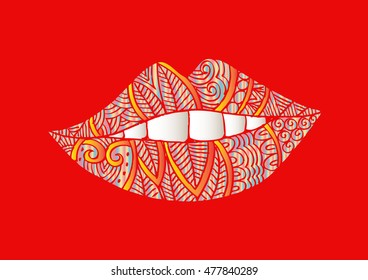 Lips with decorative pattern in zentangle style.