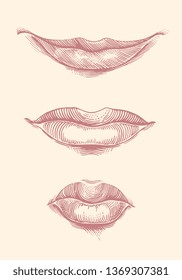  Lips. Design set. Hand drawn engraving. Editable vector vintage illustration. Isolated on light background. 8 EPS