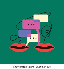 Lips with dialog clouds icon. The concept of radio broadcasting as means of mass information. Colorful drawing with a conversation symbol. Vector flat illustration isolated on background