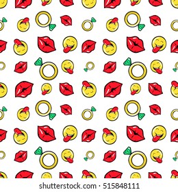 Lips Diamonds and Emoticons Seamless Pattern. Fashion Background in Retro Comic Style. Vector illustration