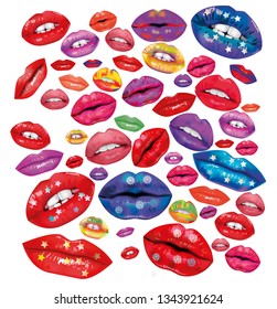 
Lips of different shapes and sizes, all colors. With snowflakes and stars. 
Assorted, candy from the lips. For postcards