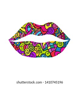  Lips. Doodling .Vector color icon isolated on white background.