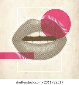 Lips with dot effect printed on old paper framed with pink elements. Vector illustration.