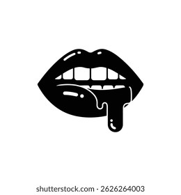 Lips with Dripping Gloss and Teeth Peek Black Icon