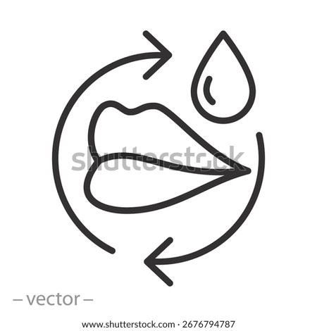 lips drop icon, lipstick or water gel, lips hydration icon, mouth, aqua cycle for skin face, thin line vector illustration