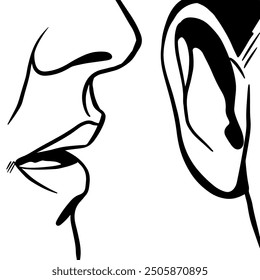 Labios y oreja. Mujer susurra secretos o chismes al hombre, detalle, Ilustración vectorial de cómic de arte pop, libro para colorear de contorno