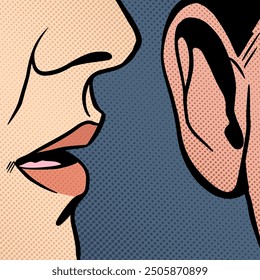 Lips and ear. Woman whispers secrets or gossip to man, detail, pop art comic vector illustration