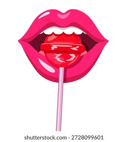 Labios comiendo caramelos. Ilustración vectorial de piruleta con labios aislados en blanco. Labios retro con piruleta rosa. Arte plano con caramelos y labios de mujer sexy. 