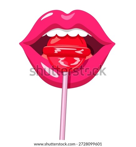 Lips eating candy. Vector illustration of lollipop with lips isolated on white. Retro lips with pink lollipop. Flat art with candy and sexy woman lips. 