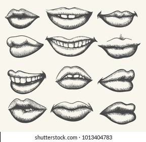 Lips engraving. Retro human face lips, vintage smiling and kissing mouth set vector illustration