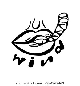 Lips exhale air. Graphics. The word "wind" is under the lips. Hand drawn in ink.