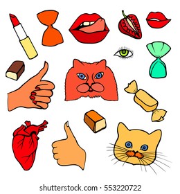 Lips, eye, smile, hearts, hands. Sticker, patch set collection. Vector artwork. Fashion badges. Wallpaper. Vintage, retro concept. Black and white stripes, red, blue, purple color