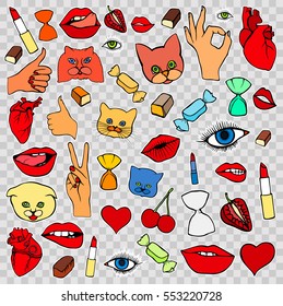 Lips, eye, smile, hearts, hands. Sticker, patch set collection. Vector artwork. Fashion badges. Wallpaper. Vintage, retro concept. Black and white stripes, red, blue, purple color