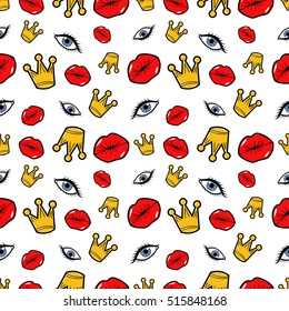 Lips Eyes and Crowns Seamless Pattern. Fashion Background in Retro Comic Style. Vector illustration