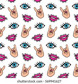 Lips eyes and hands cool patches seamless pattern. Trendy pop art 90s style. Fashion textile background
