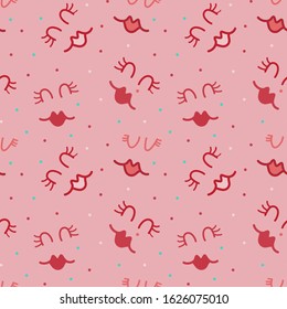 Lips and eyes on seamless pattern. Doodle stile on pink background. Line art cartoon stile vector illustration. Pink, red monochrome colors. For wrapping paper, scrap booking and printed matter
