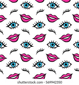 Lips and eyes patches seamless pattern. Trendy pop art 90s style. Fashion textile background