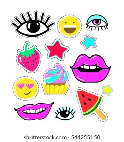 Lips, eyes, smile, star, candy, watermelon slice, strawberry, cake. Stickers, patch set collection. Vector artwork. Fashion badges. Black, red, green, blue, white colors