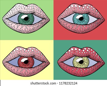 lips eyes Vector hand drawn illustration, abstract modern style, fantasy, fashion, tattoo art, template for card, poster banner print for t-shirt.

