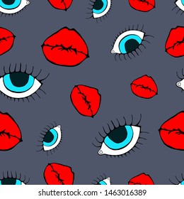 Lips and eyes vector seamless pattern. Endless wallpaper imprint red lips and blue eyes.