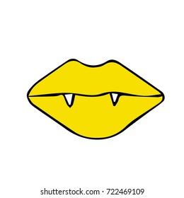 Lips with fangs vector illustration. Vampire mouth. Doodle. Design icon, print, logo, poster, symbol, decor, textile, paper