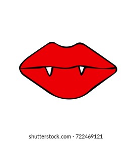 Lips with fangs vector illustration. Vampire mouth. Doodle style. Design icon, print, logo, poster, symbol, decor, textile, paper