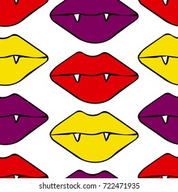 Lips with fangs vector illustration. Vampire mouth. Doodle style. Design icon, print, logo, poster, symbol, decor, textile, paper