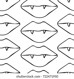 Lips with fangs vector illustration. Vampire mouth. Doodle style. Design icon, print, logo, poster, symbol, decor, textile, paper