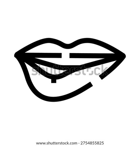 Lips gently biting lower lip, minimalist black and white line illustration conveying seduction, flirtation and sensual desire in a modern vector style on white background