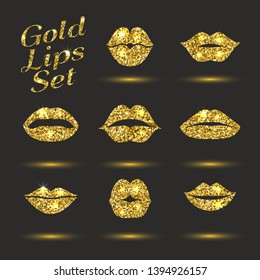 Lips gold set. Design glitter element. vector icon. Vector illustration of kiss print with shimmer