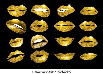 Lips gold set. Design glitter element.