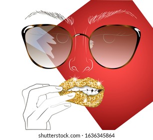 Lips in golden glitter with cateye unglasses. Fashion vector illustration