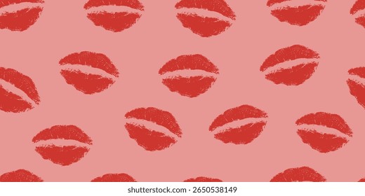 Lábios grunge impressão perfeita padrão vetor ilustração. Traço de batom ornamento repetido. O beijo manchado marca o fundo. Design para têxtil, tecido, papel de parede romântico e pacote.