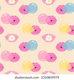 Labios con burbuja de goma y margarita sin fisuras. Un bonito fondo pastel. Papel de envolver de moda y2k.