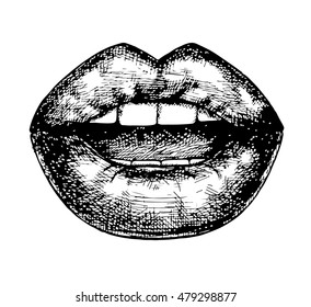 Lips hand drawn highly details graphic black illustration. Vector element for design. Sketch color doodle. Isolated on white background. Design, icon, outline,object,logo.Eps10.Sexy open Mouth teeth. 