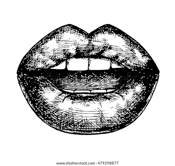 唇の手描きの詳細グラフィックスの黒いイラスト デザイン用のベクター画像エレメント スケッチの色の落書き 白い背景に デザイン アイコン 輪郭 オブジェクト ロゴ Eps10 セクシーな口の歯 のベクター画像素材 ロイヤリティフリー