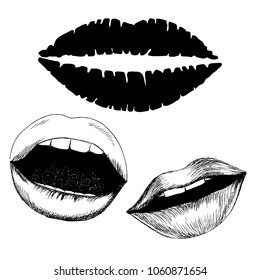 Lips hand drawn. Sketch. Set