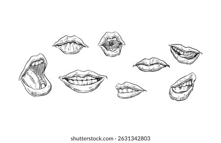 lips handdrawn engraving doodle collection