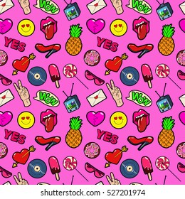 Lips Hands Bubbles and Hearts Seamless Pattern. Fashion Background in Retro Comic Style. Vector illustration