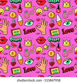 Lips Hands Cosmetics and Emoticons Seamless Pattern. Fashion Background in Retro Comic Style. Vector illustration
